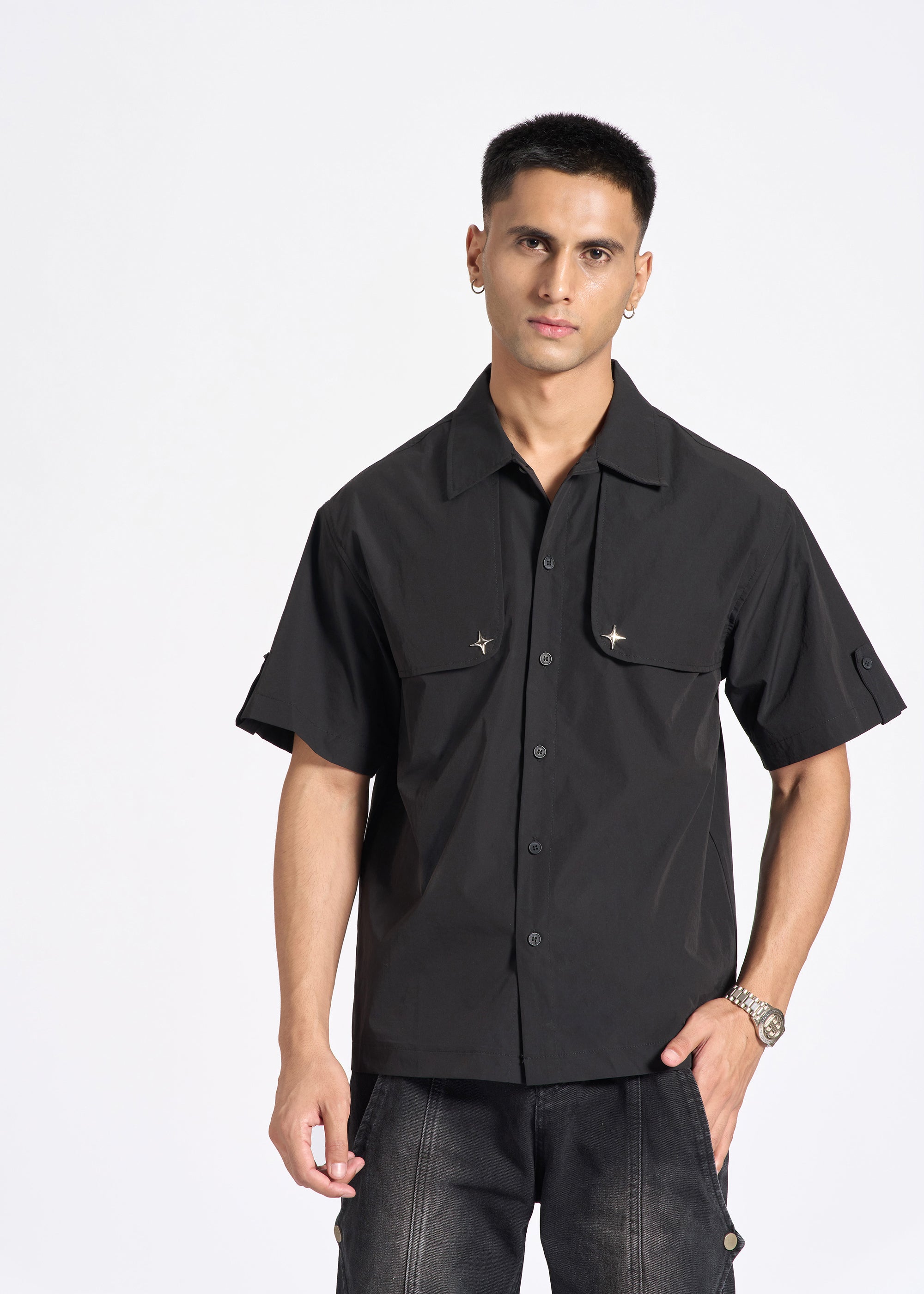 Short-Sleeve Shirt with Metal Star Flap Detail