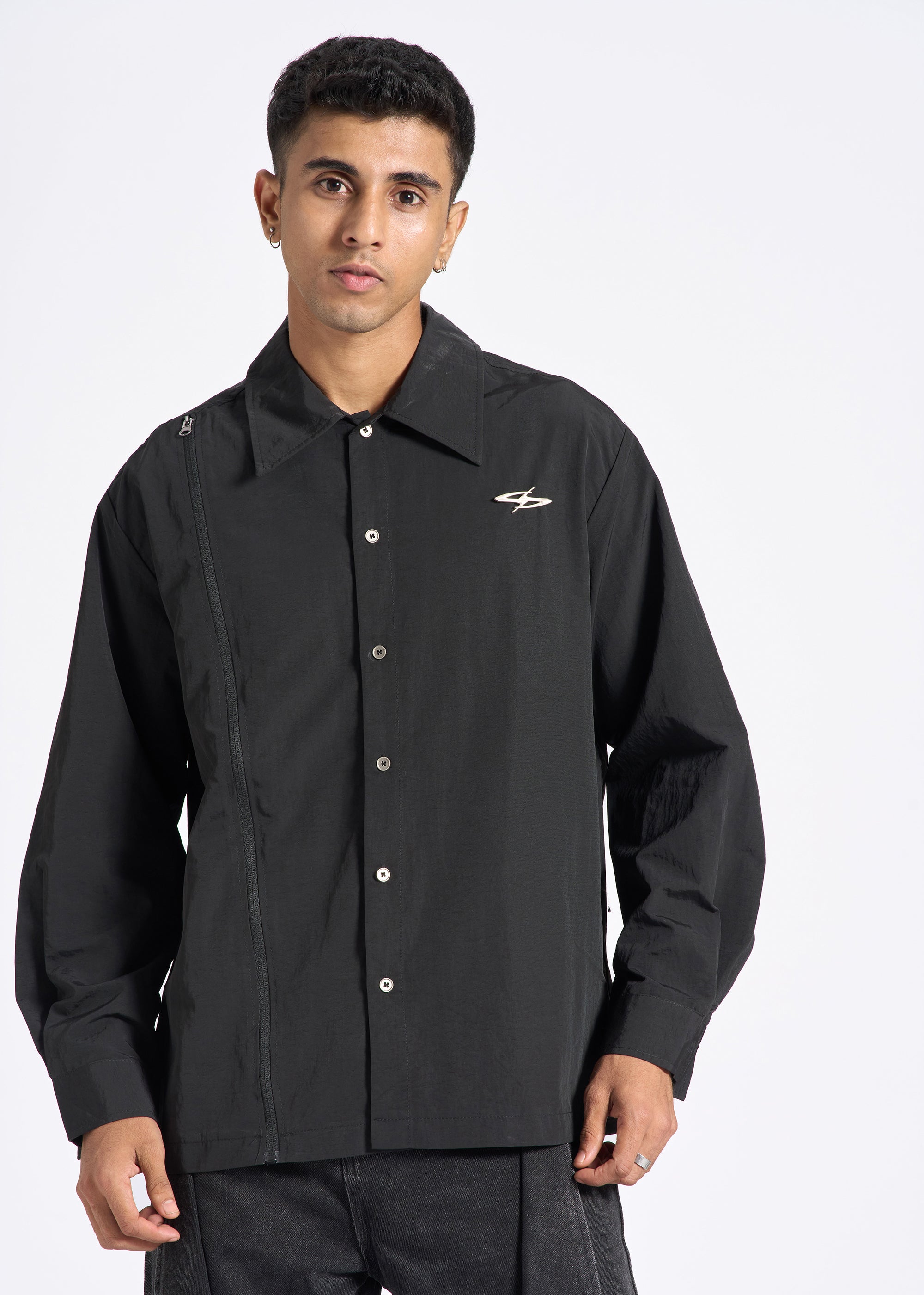 Long-Sleeve Shirt with Asymmetric Zip & Metal Emblem