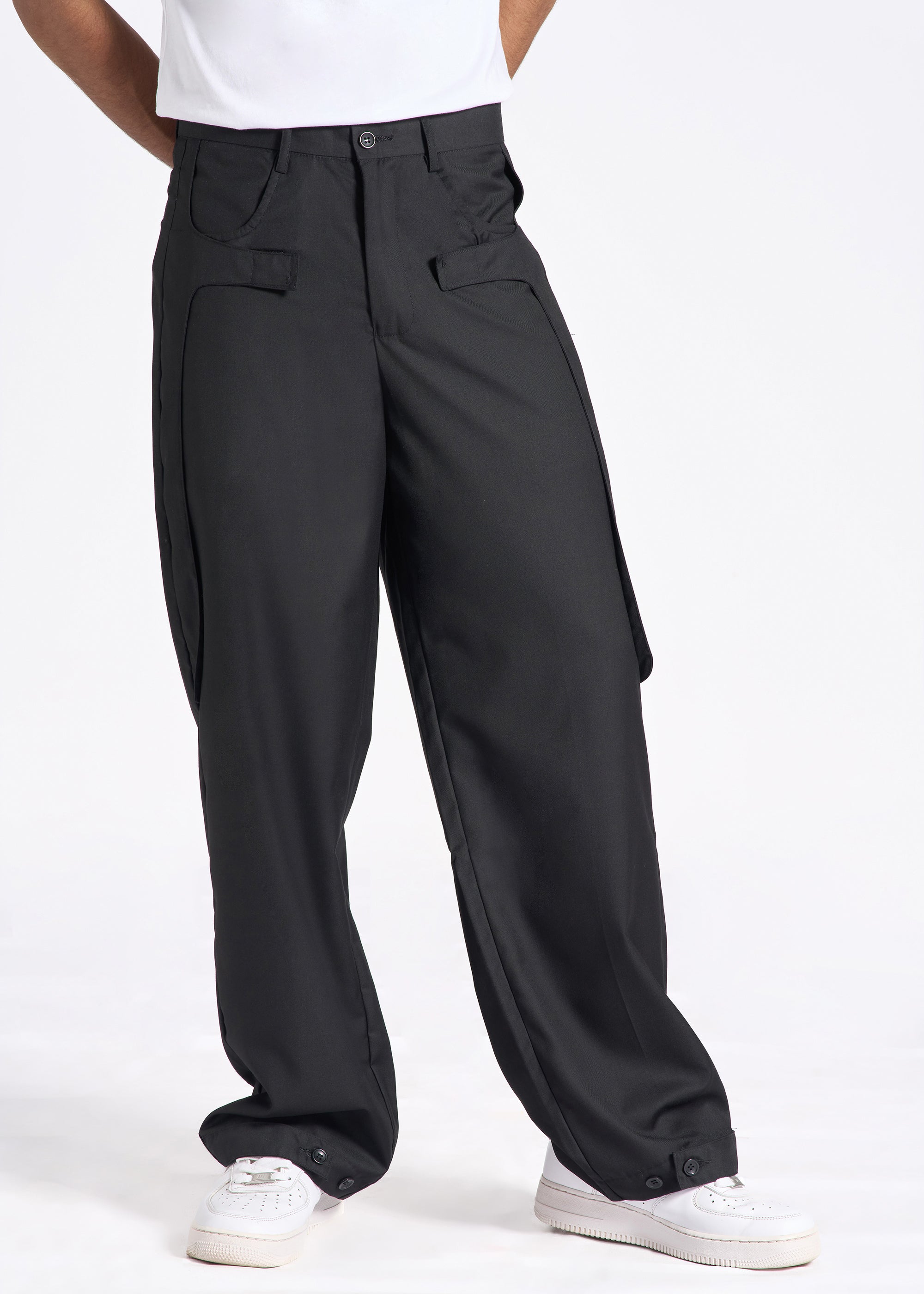 Wide-Leg Trousers with Side Flap & Button-Hem Detail