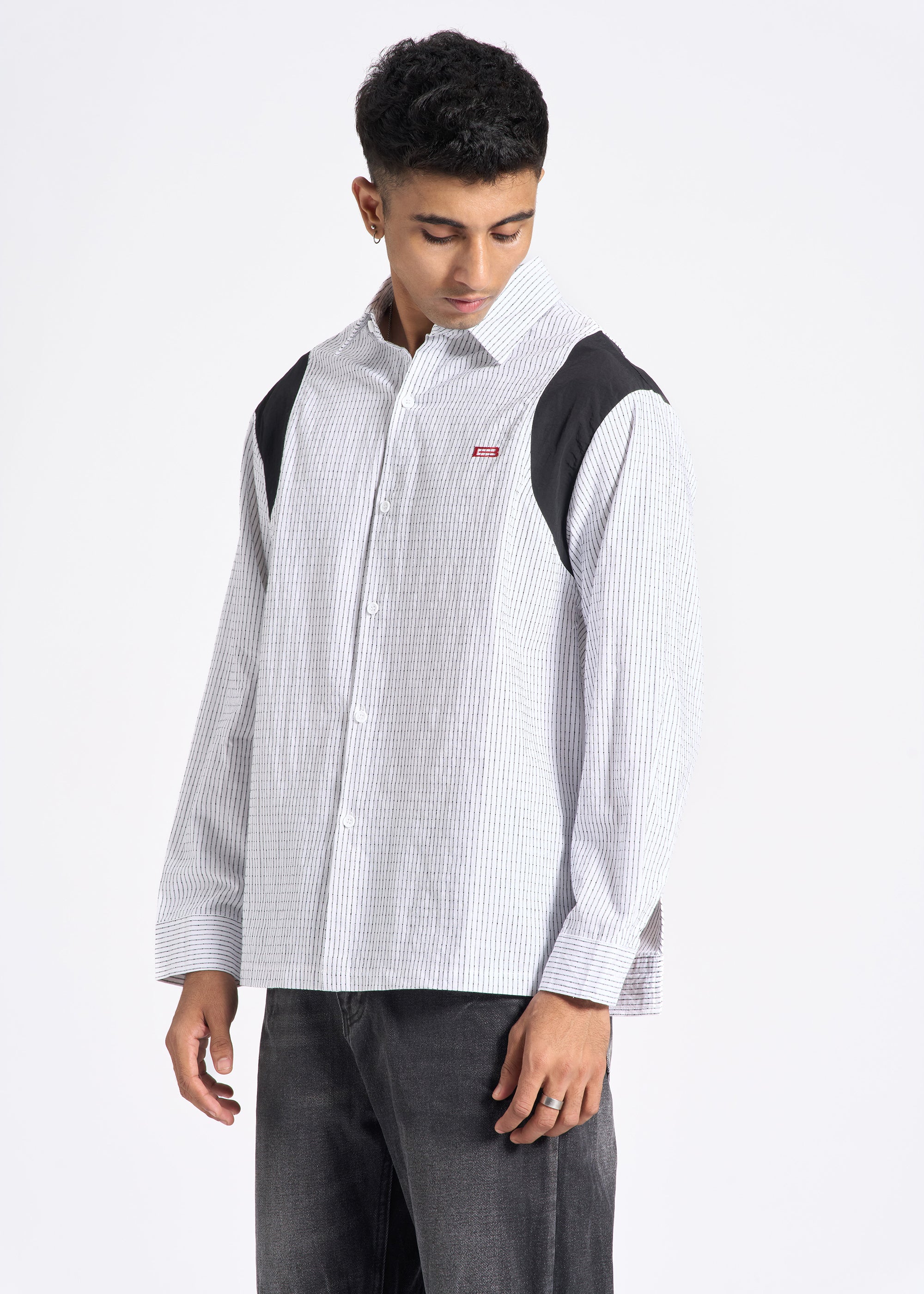 Pinstripe Panel Shirt with Shoulder Contrast