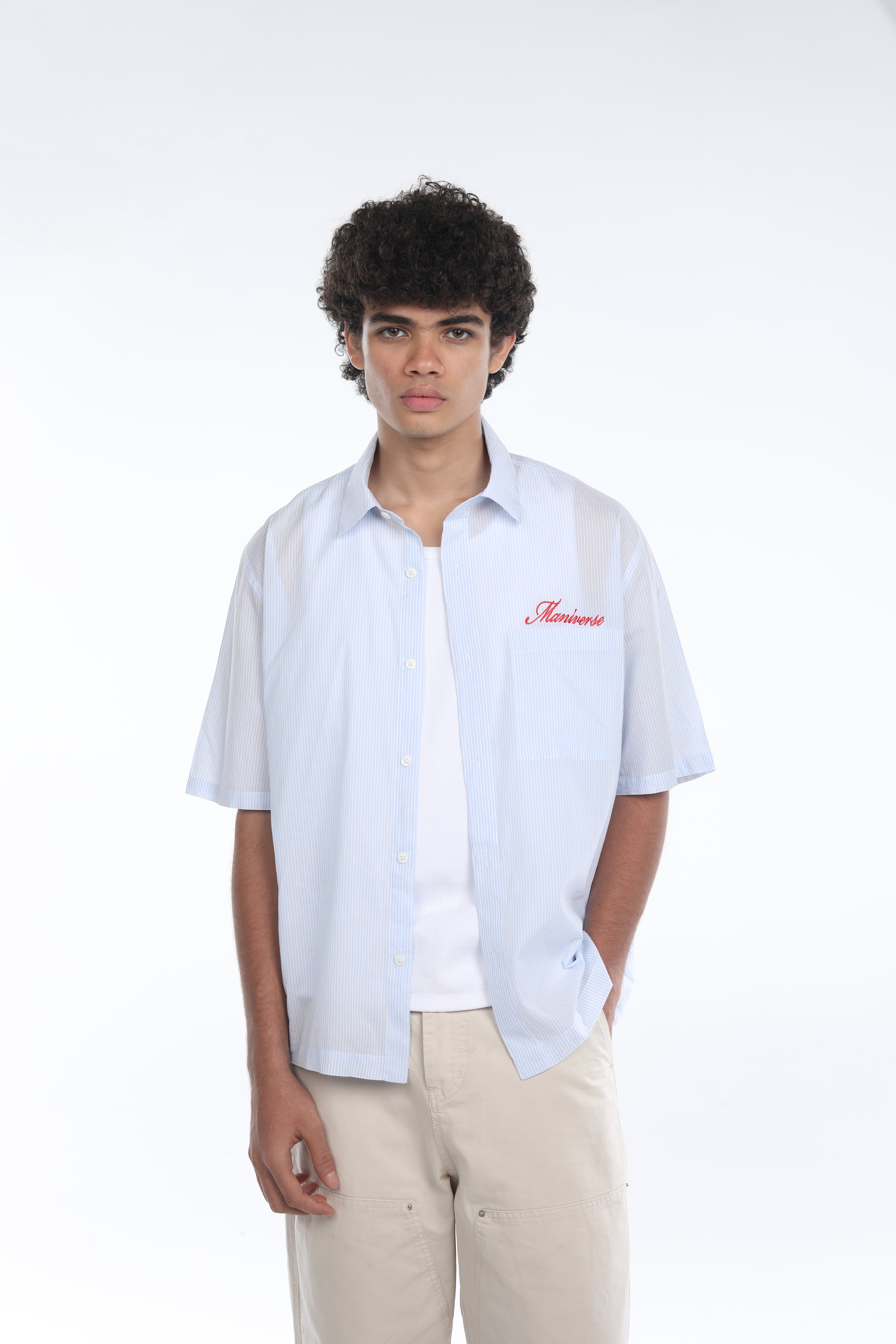 MANIVERSE Embroidered Boxy Fit Striped Light Blue Shirt