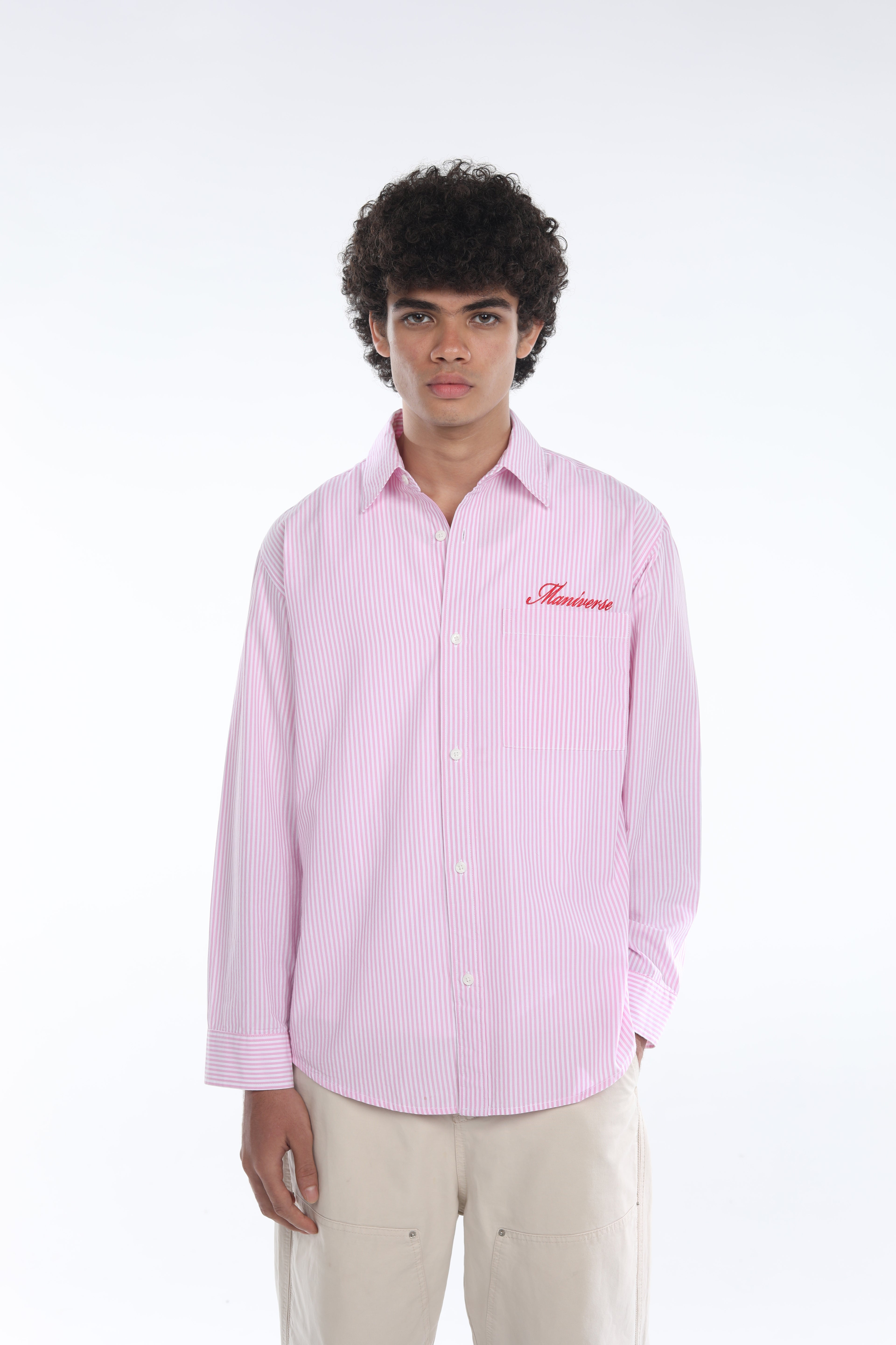 MANIVERSE Embroidered Oversized Striped Pink Shirt