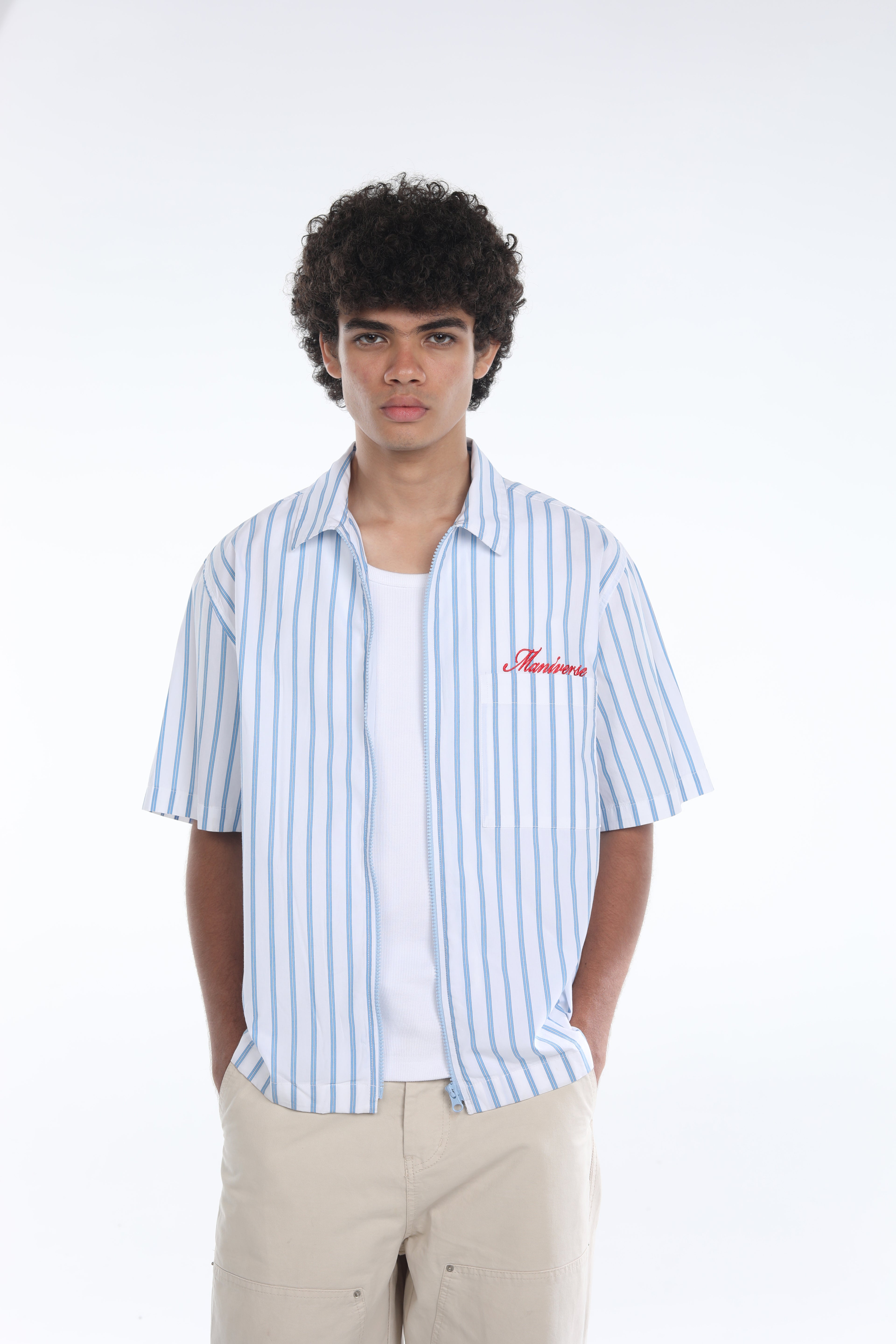 MANIVERSE Embroidered Boxy Fit Blue Striped Zip Closure Shirt