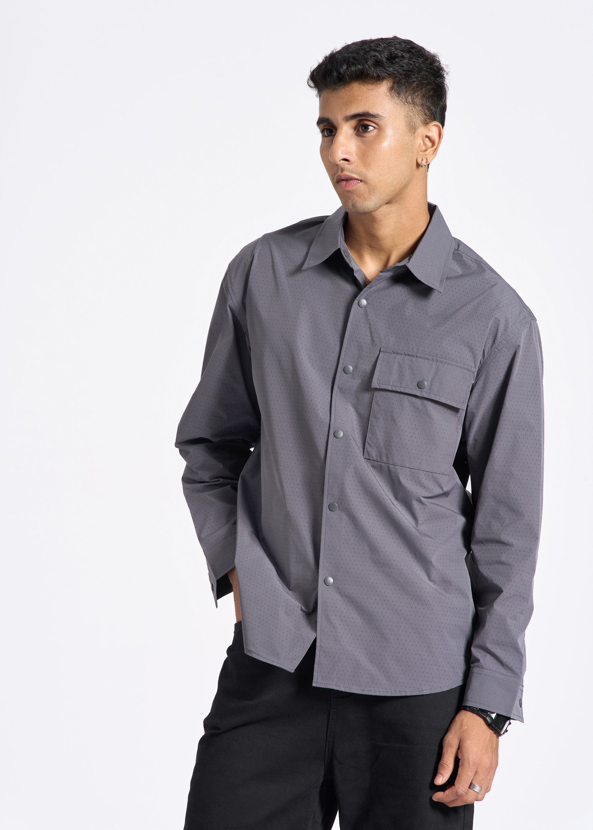 Technical Shirt with Press Button Closure