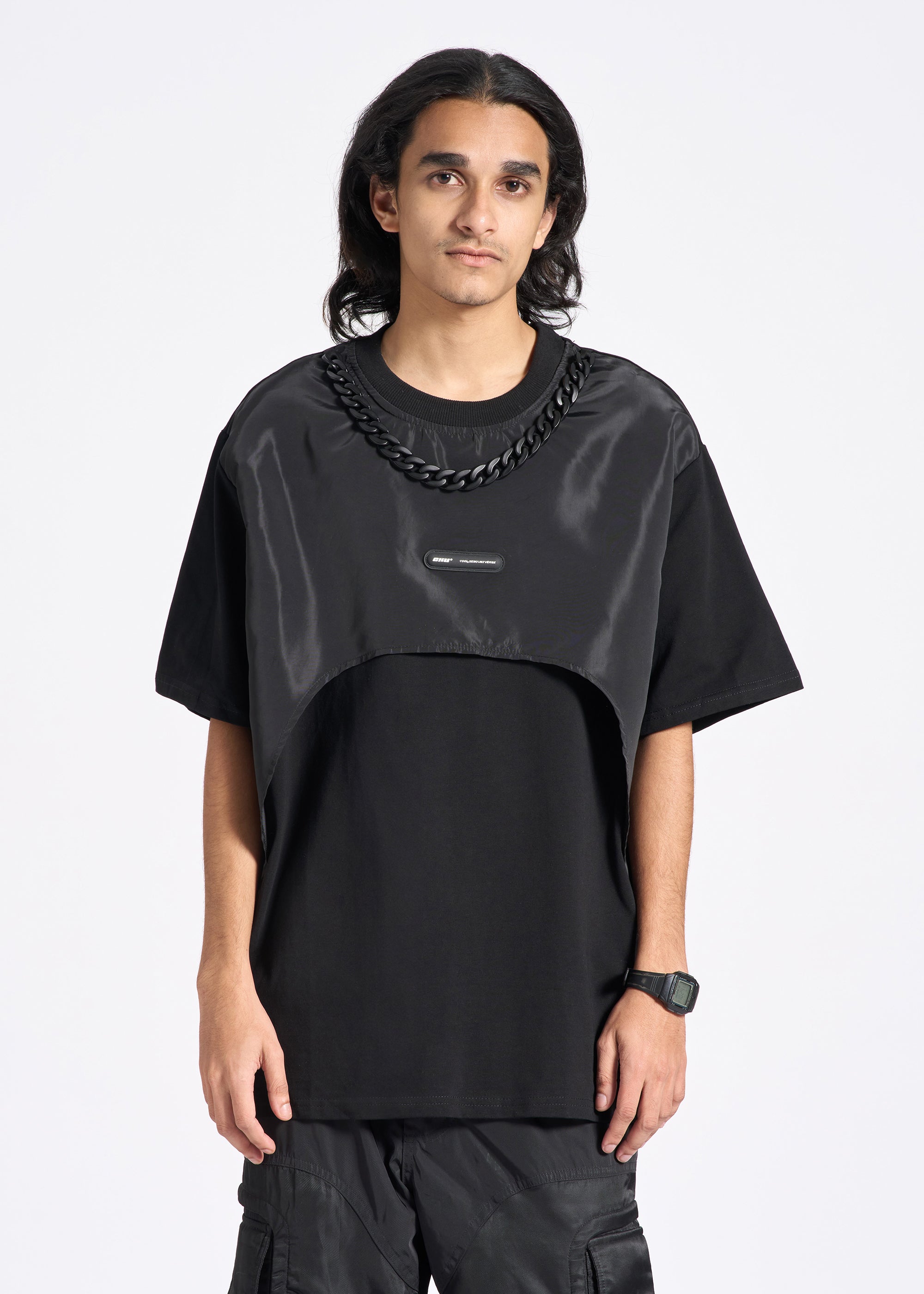 Oversized T-Shirt with Satin Overlay & Chain Detail