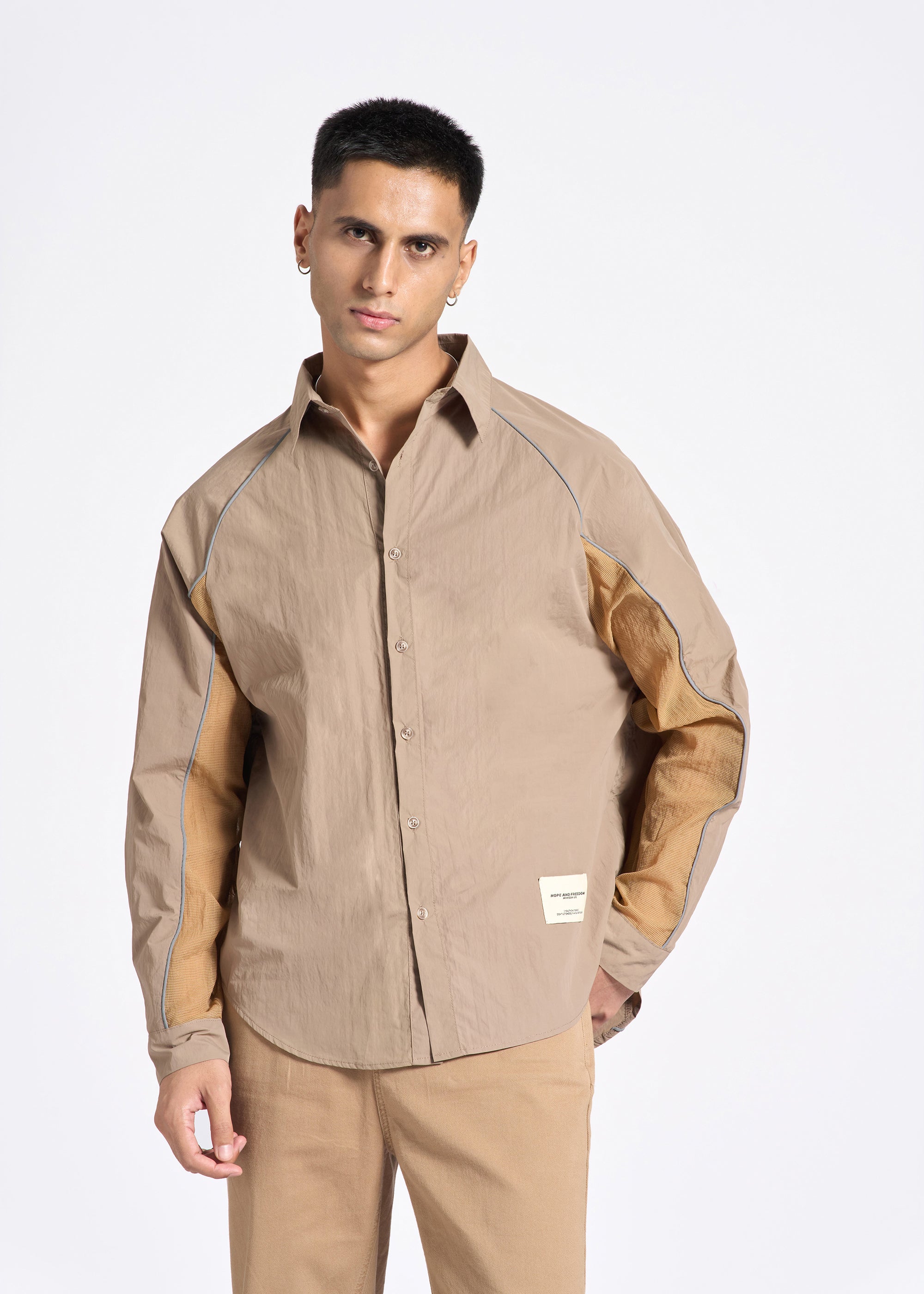 Paneled Shirt with Contrast Net Sleeves