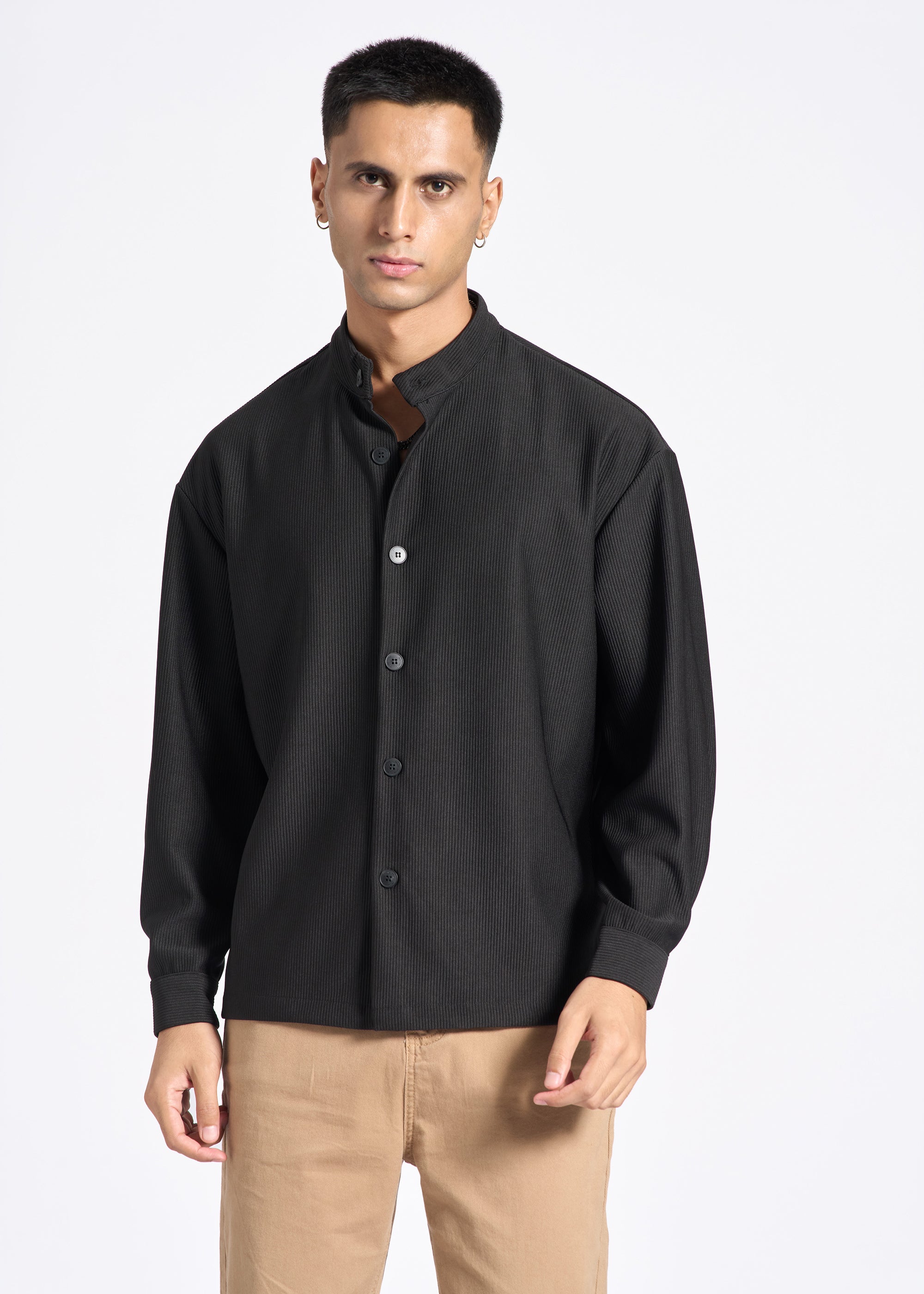 Ribbed Mandarin Collar Shirt
