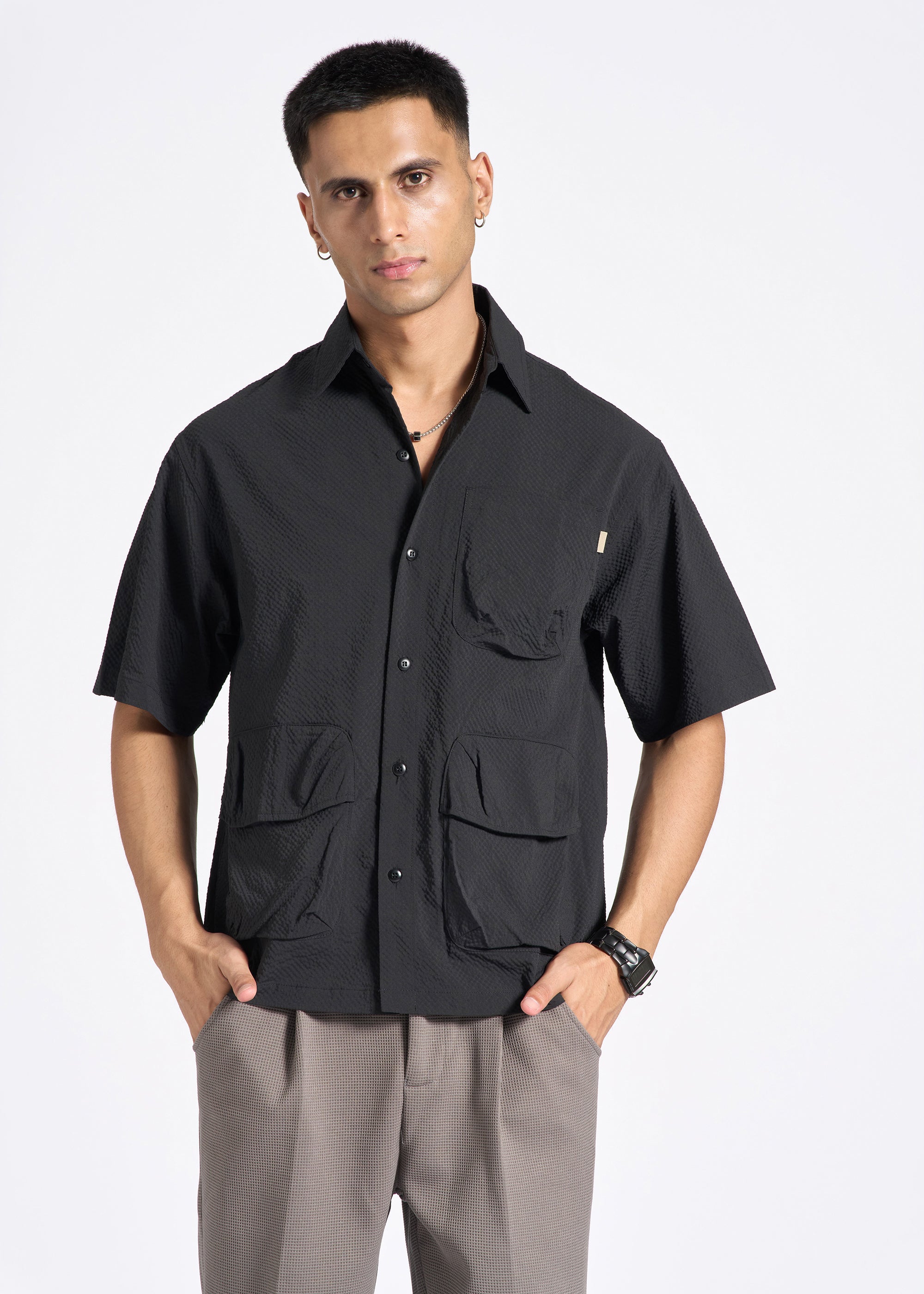 Crinkled Short-Sleeve Shirt with Triple Flap Pockets