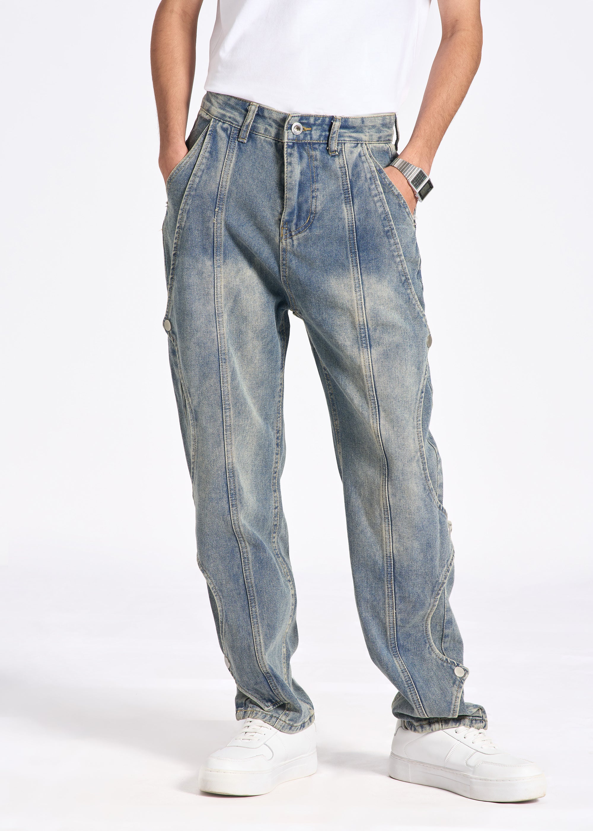 Curved Panel Denim Jeans with Snap Detailing