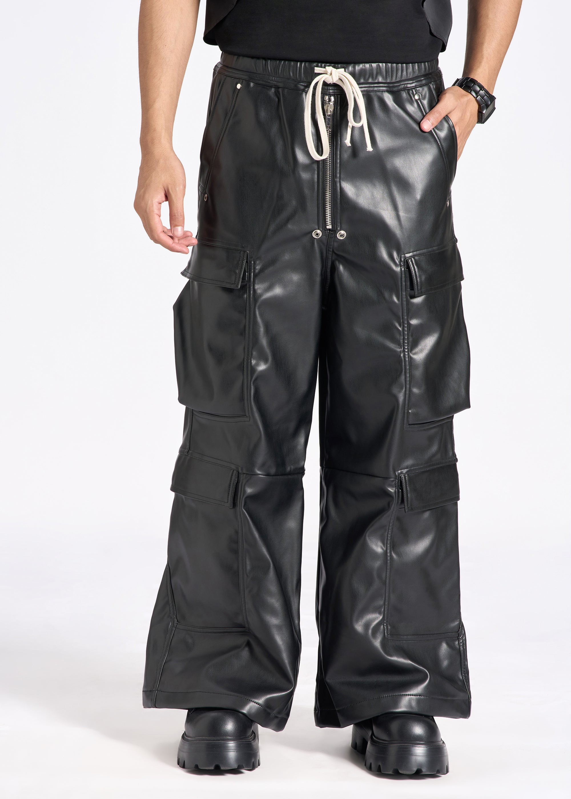 Faux Leather Wide-Leg Cargo Pants with Drawstring