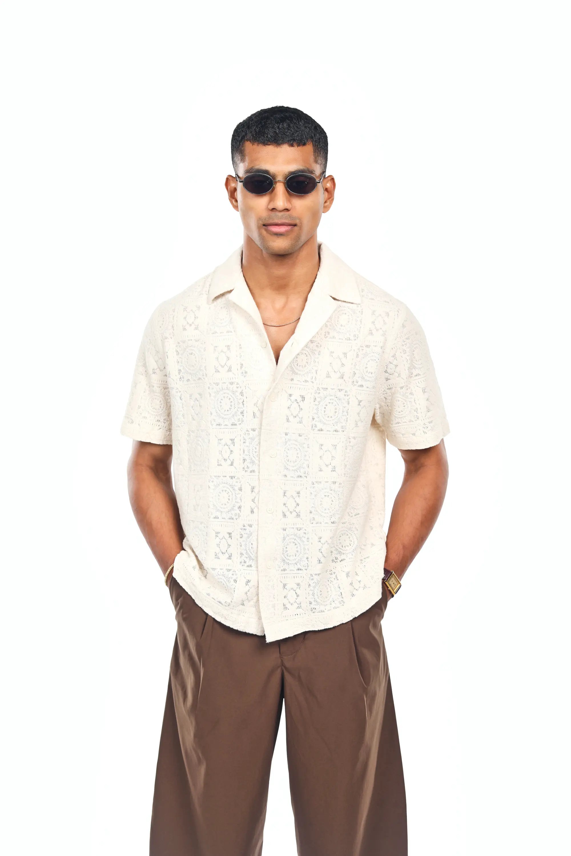 MANIVERSE Textured Cuban Collar Shirt