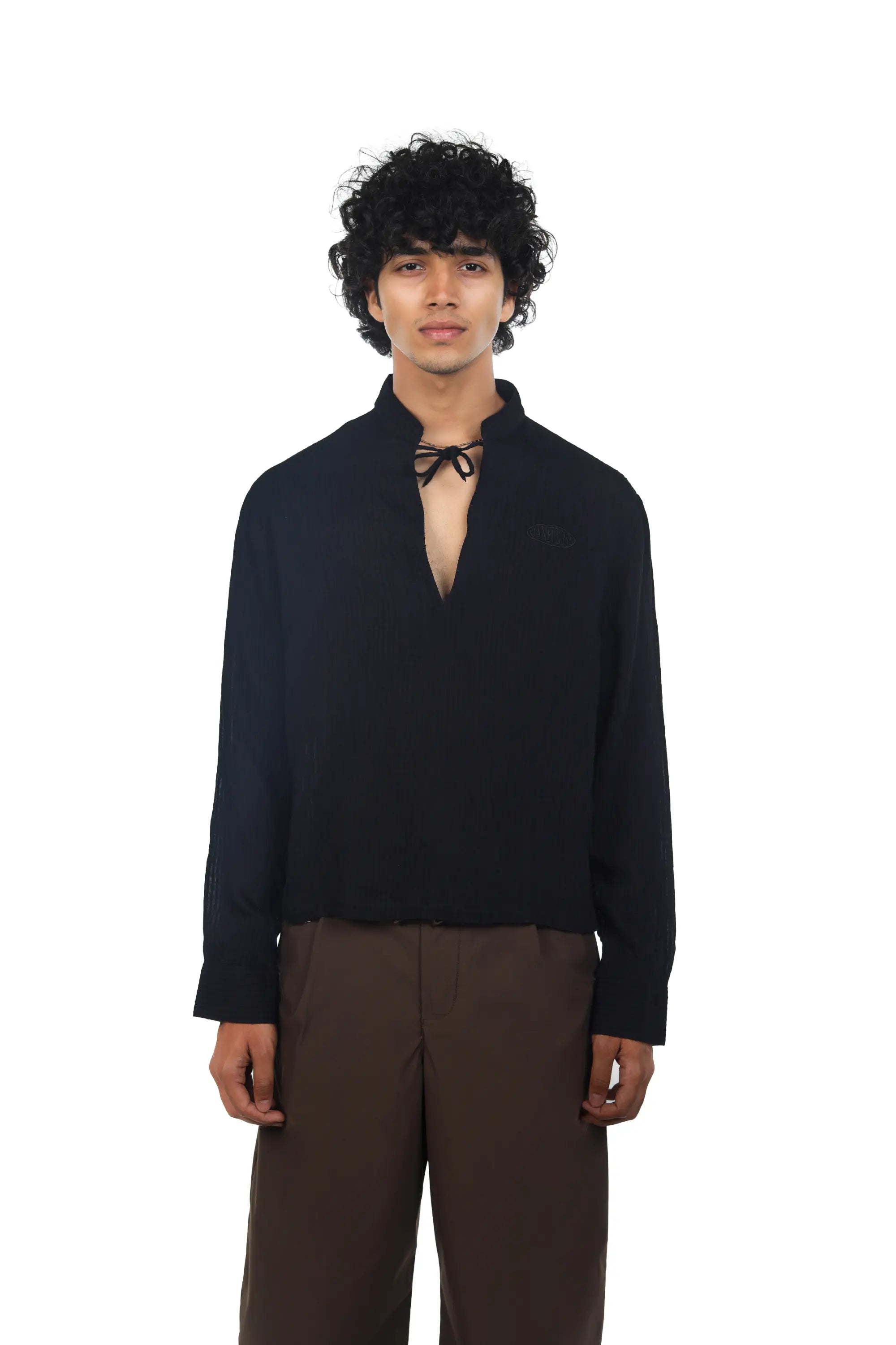 MANIVERSE Tie-Neck Mandarin Shirt