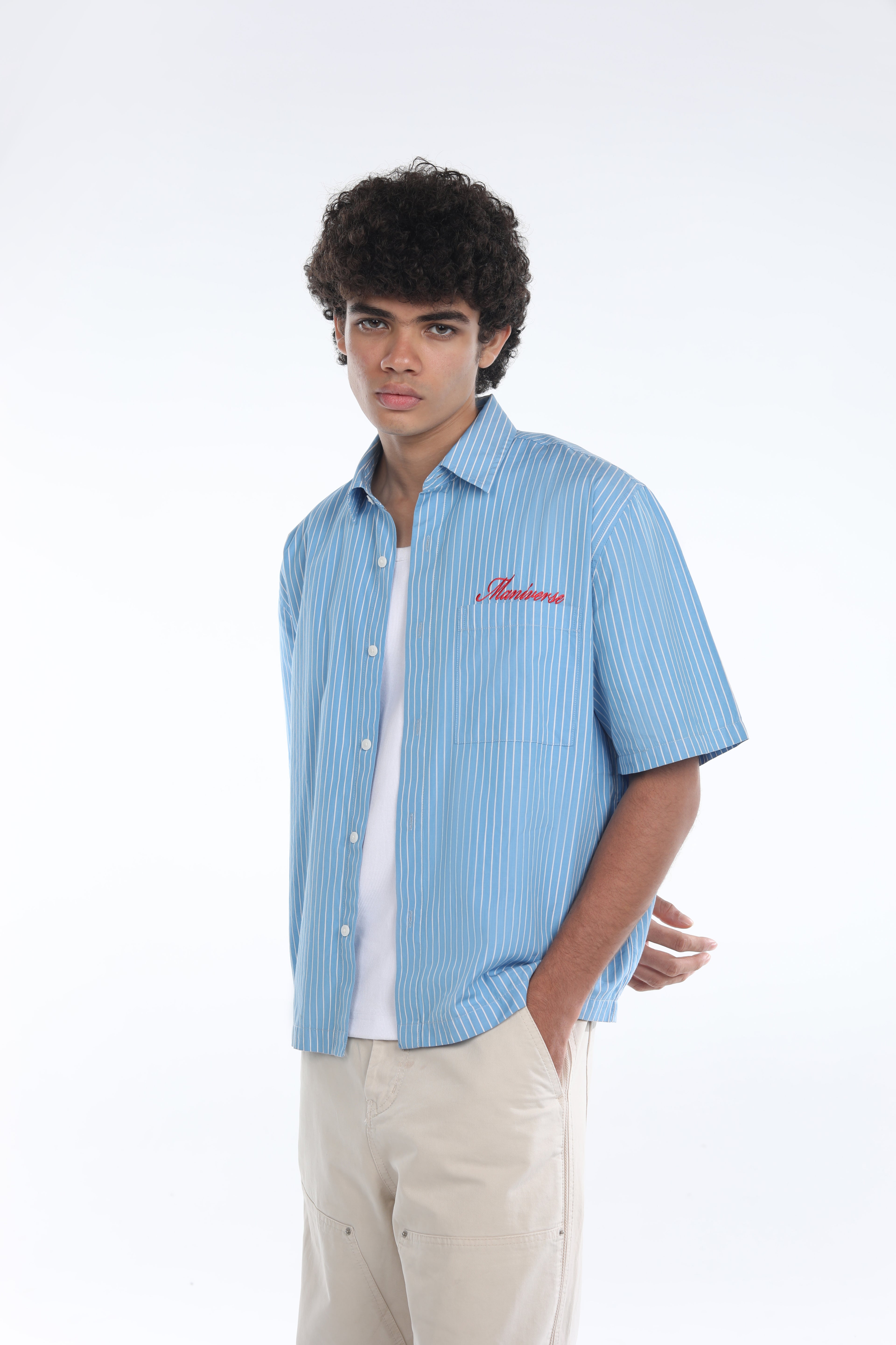 MANIVERSE Embroidered Boxy Fit Striped Dark Blue Shirt