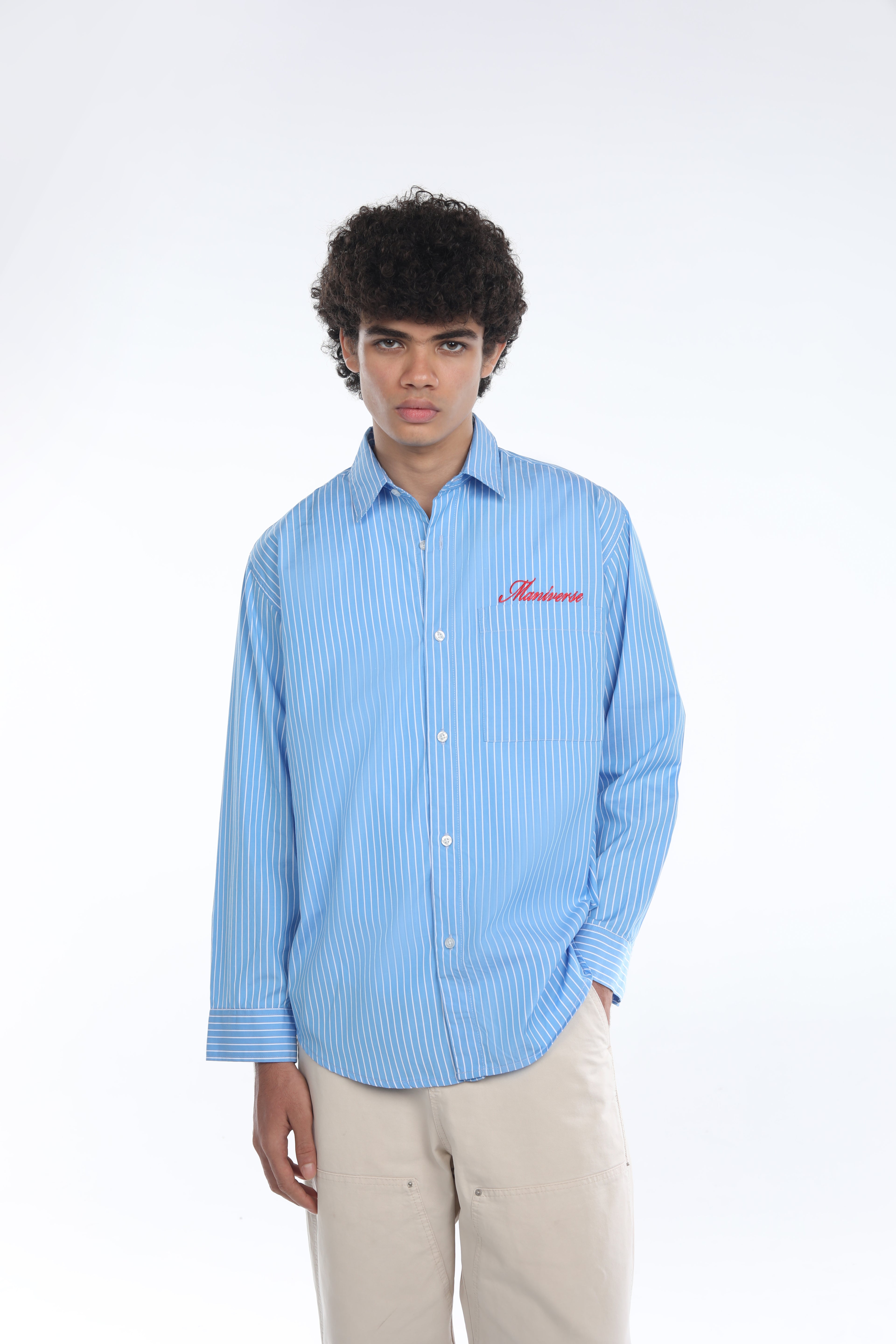 MANIVERSE Embroidered Oversized Striped Dark Blue Shirt