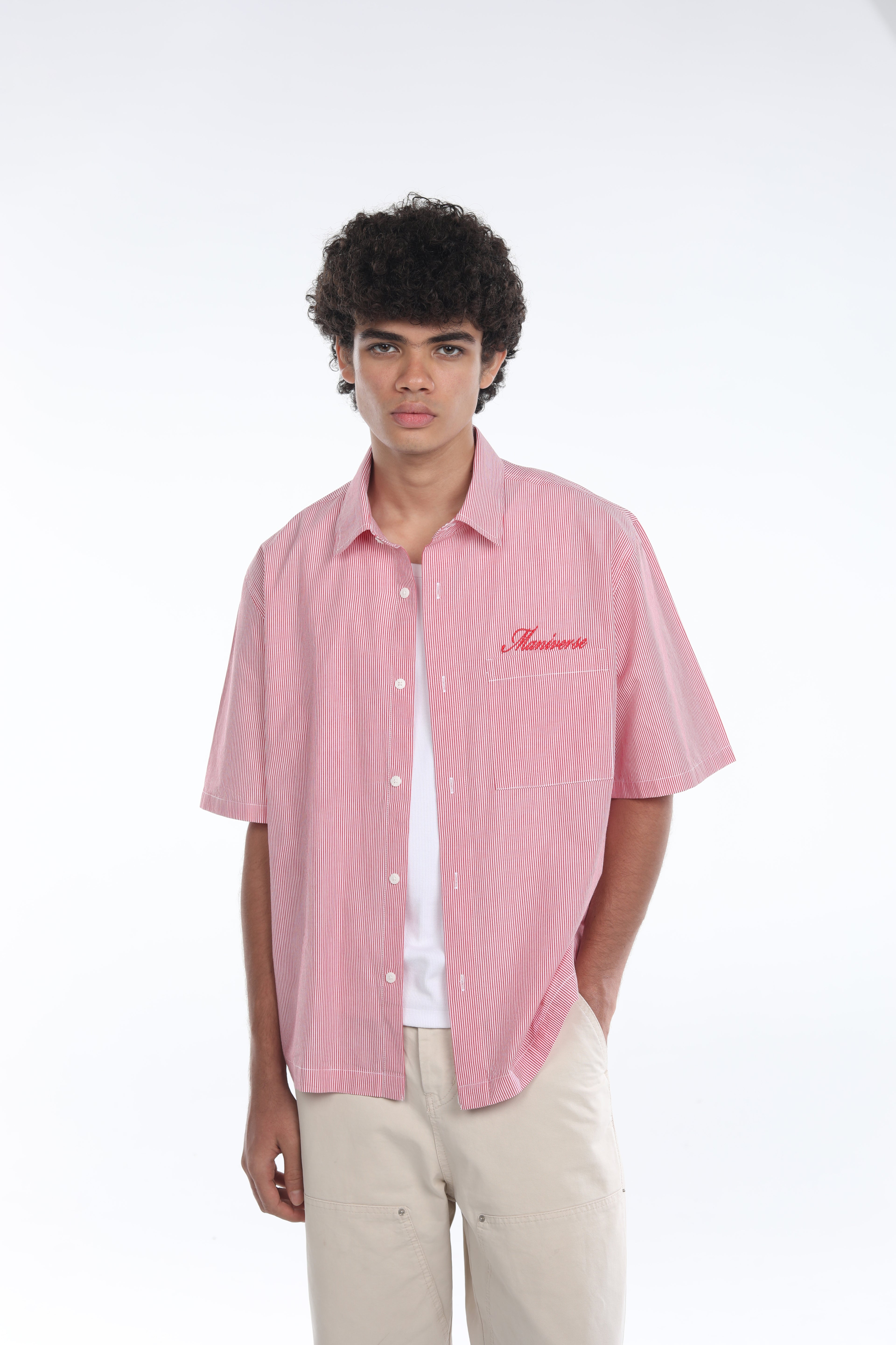 MANIVERSE Embroidered Boxy Fit Striped Red Shirt