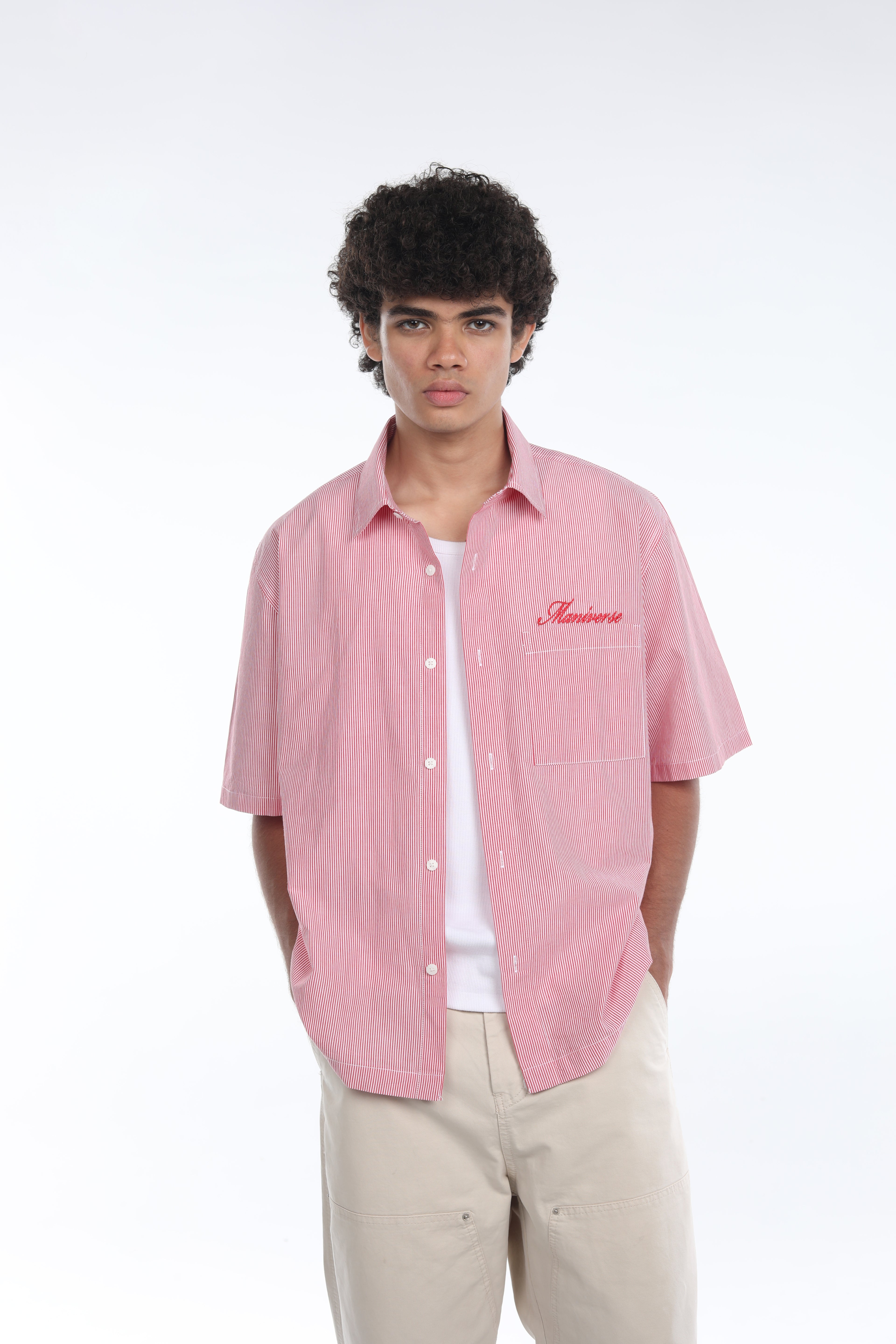 MANIVERSE Embroidered Boxy Fit Striped Red Shirt