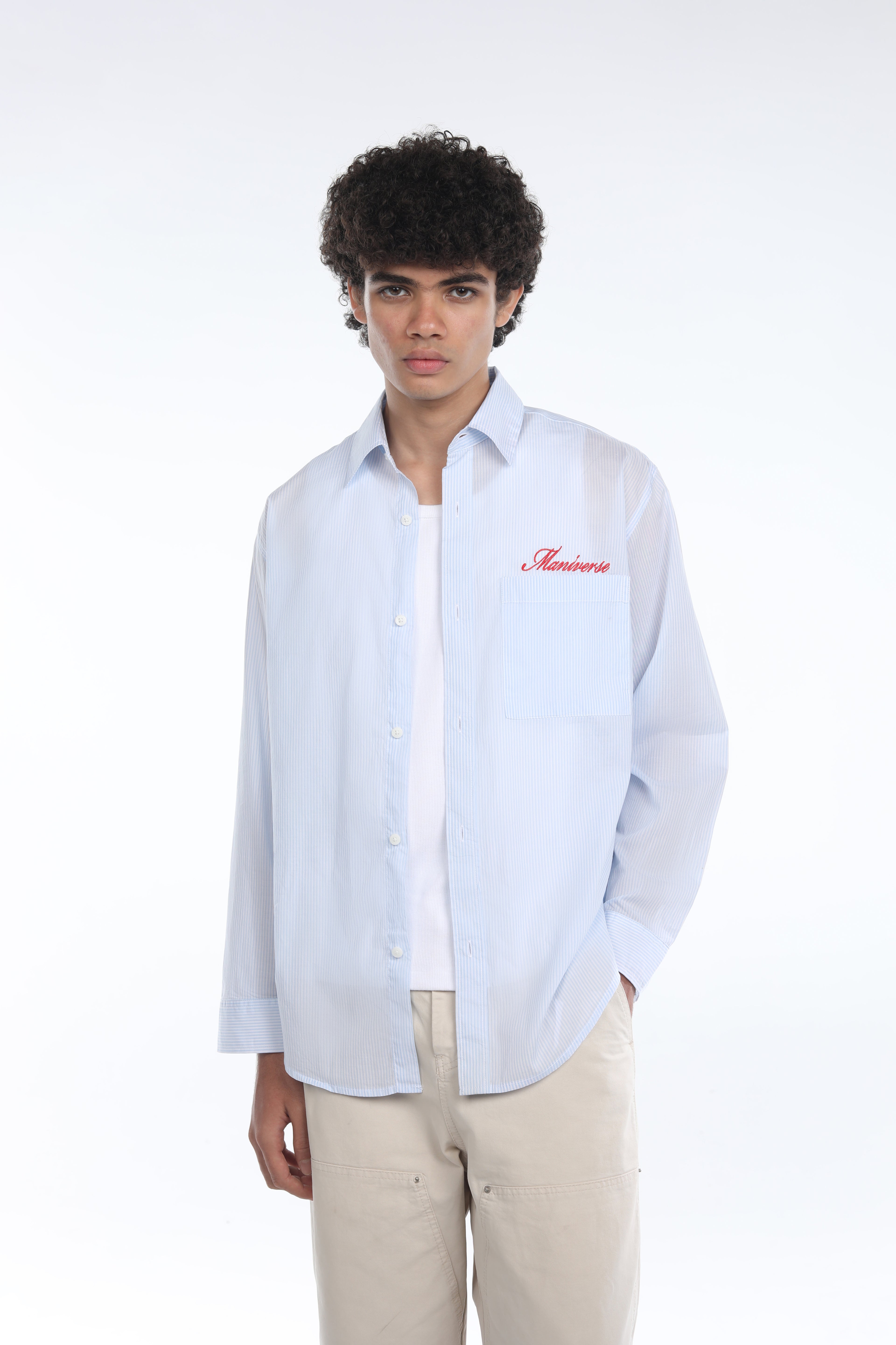 MANIVERSE Embroidered Oversized Striped Light Blue Shirt