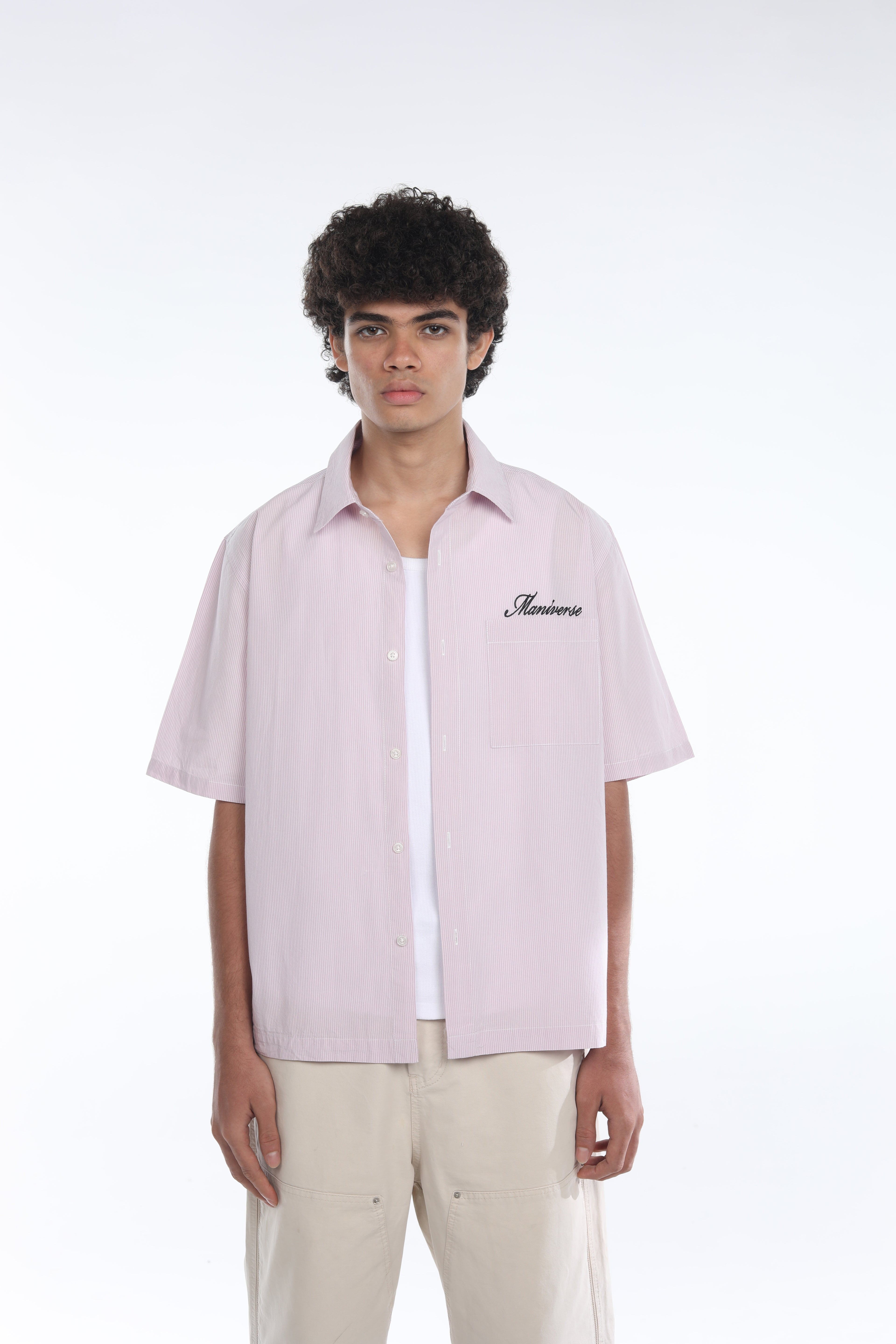 MANIVERSE Embroidered Boxy Fit Striped Pink/Peach Shirt