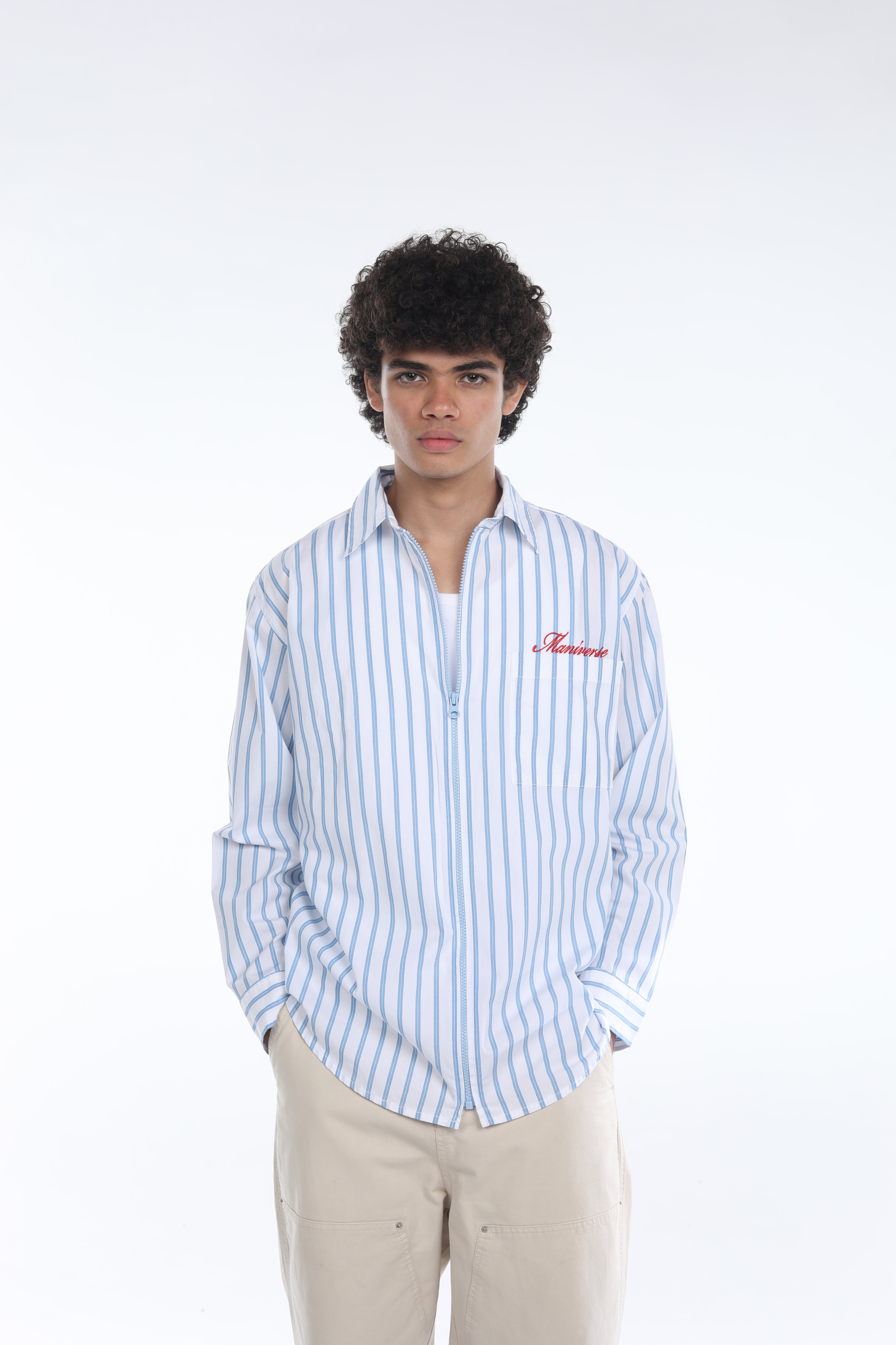 MANIVERSE Embroidered Oversized Striped Blue Striped Zip Closure Shirt