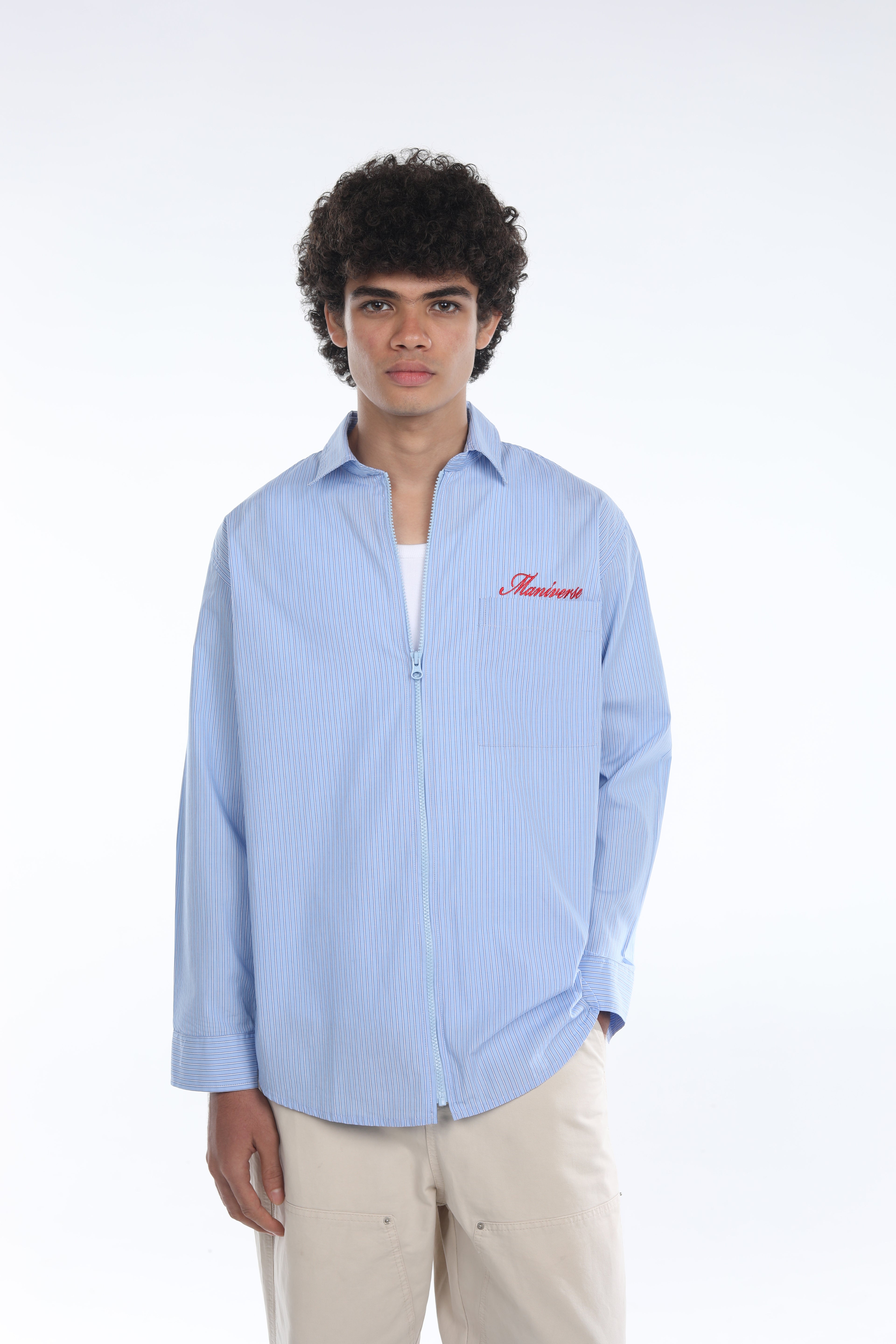 MANIVERSE Embroidered Oversized Striped Blue Zip Closure Shirt