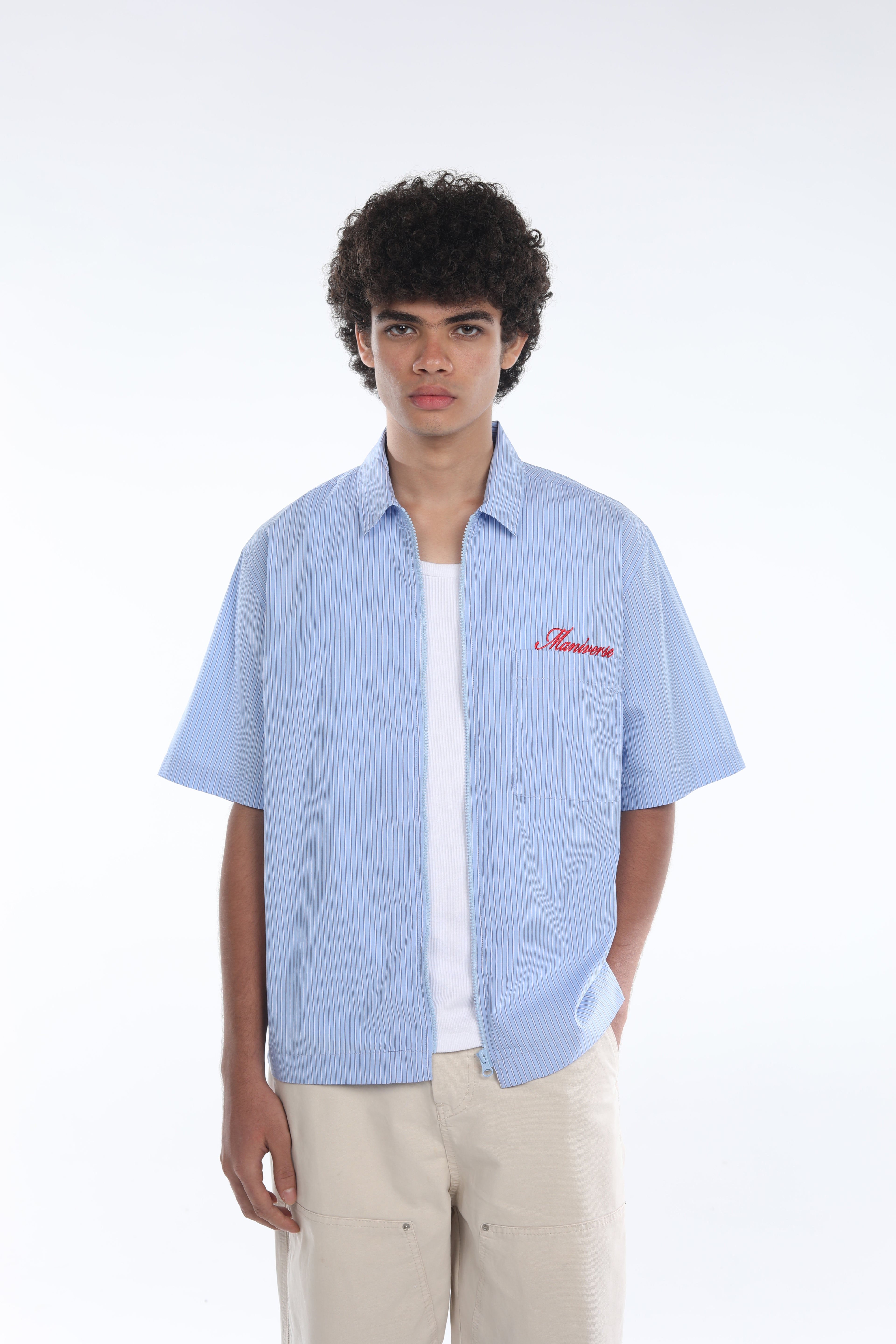 MANIVERSE Embroidered Boxy Fit Striped Dark Blue Zip Closure Shirt