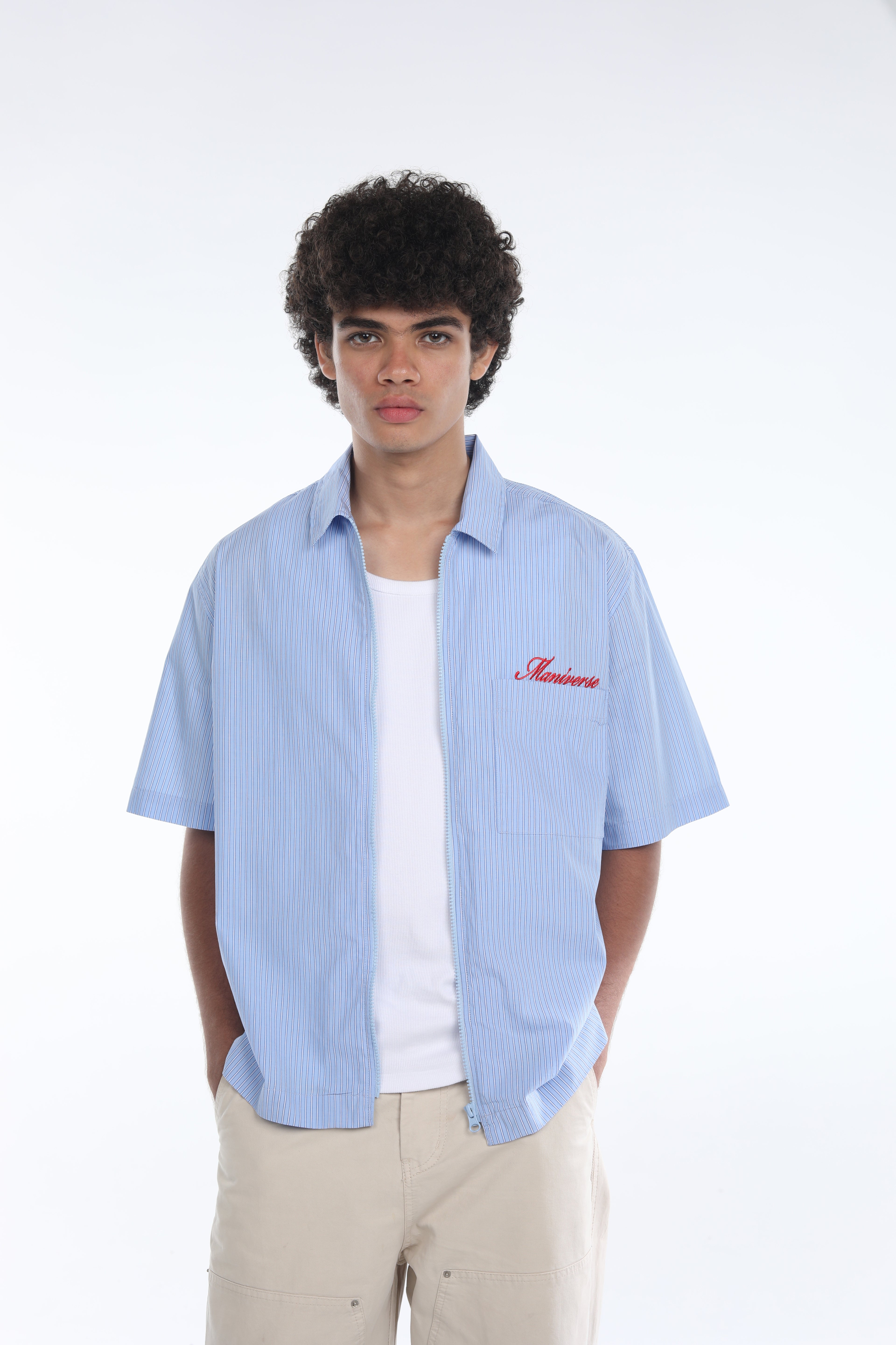 MANIVERSE Embroidered Boxy Fit Striped Dark Blue Zip Closure Shirt